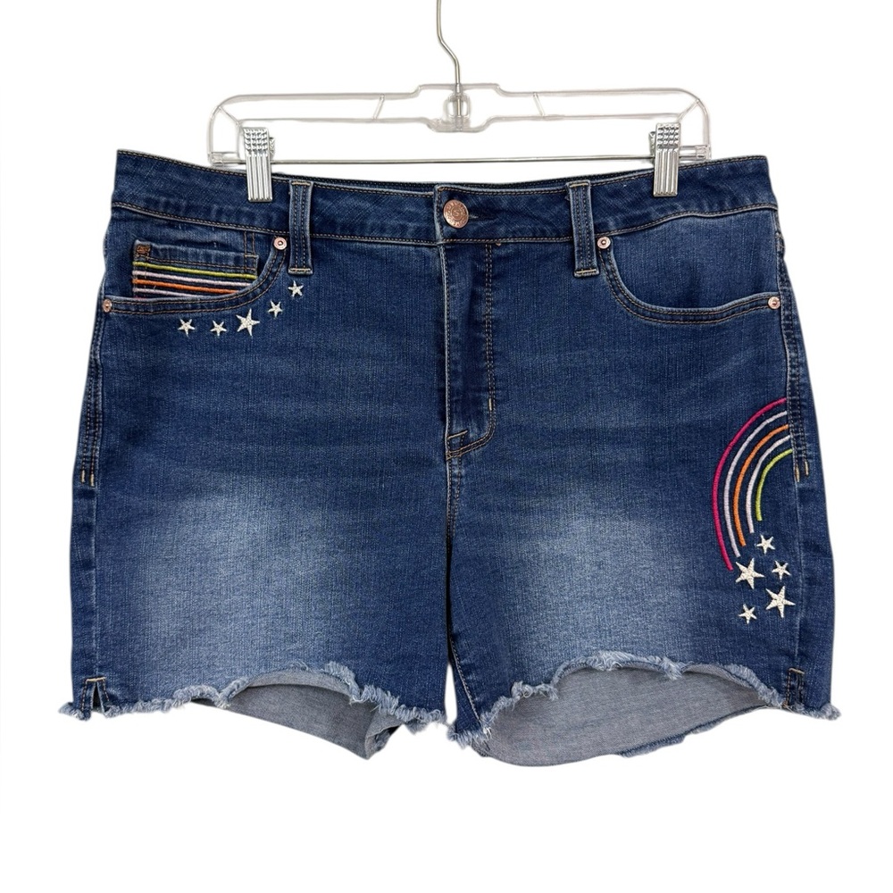 Seven7 Size 14 Weekend Jean Shorts Embroidered Rainbow Stars Cutoff Raw Hem Blue